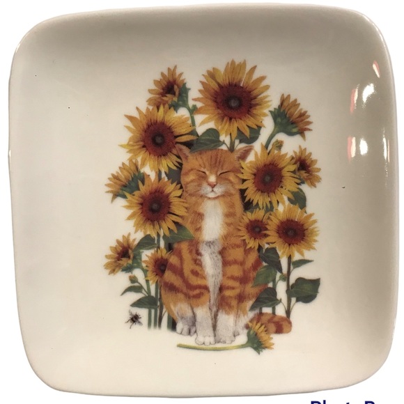 Creative Co-Op Other - Creative Co-Op Cat Surrounded Ny Sunflowers Decorative Square Plate